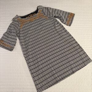 THML Navy and Gold Embroidered 3/4 Sleeve Knit Dress Womens Large